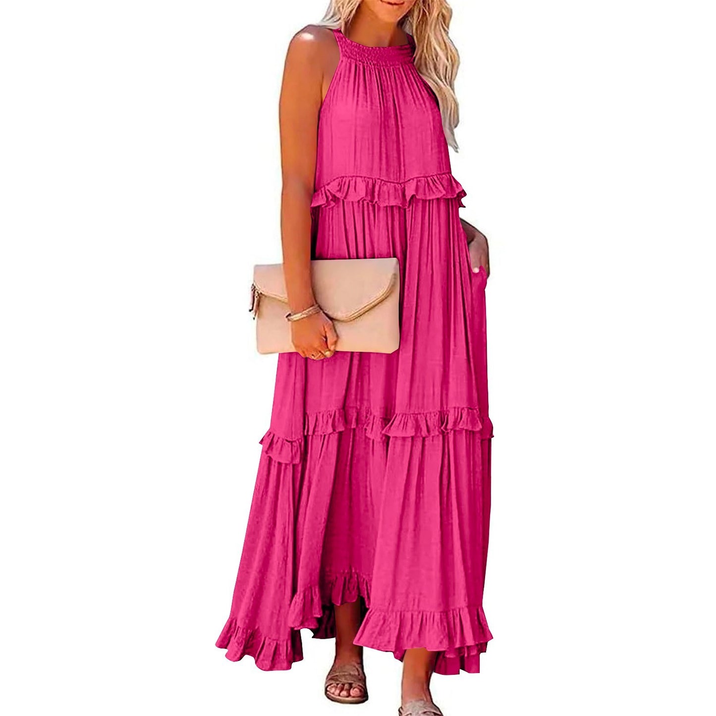 Summer Vacation Style Halter Neck Long Dresses Women Fashion Backless Leace-up Loose Ruffles Beach Dress Elegant Ladies Vestidos